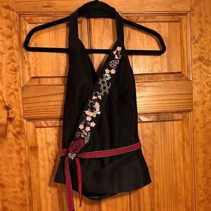 Karen Millen Black Halter Top with Red Floral Embroidery